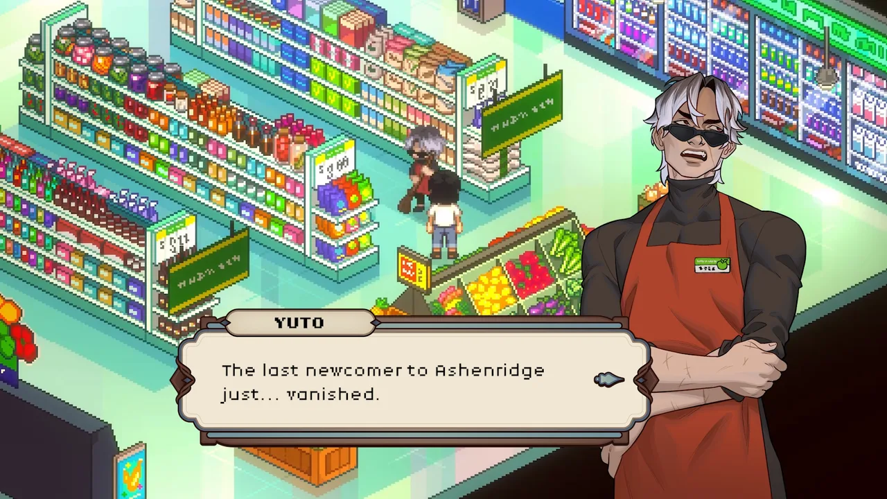 Official Grave Seasons screenshot captioned as talking to Yuto in the grocery store.